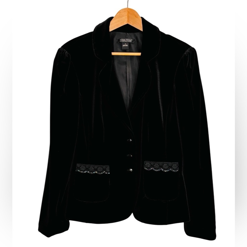 Jared Ross Black Velvet Blazer Size 12 Lace Trim Puff Sleeves Whimsigoth